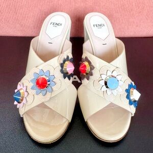 Fendi Flowerland Studded Leather Slip-On Heels in Beige EU35.5/US5.5 (MSRP $900)